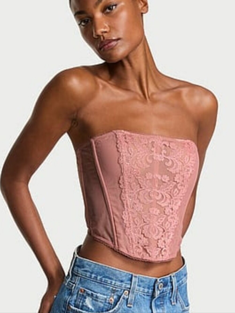 Victoria's Secret Dusty Rose Lace Strapless Corset Top